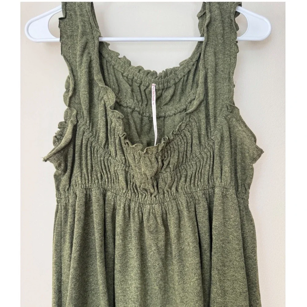 Free People Olive Green Smocked Ruffle Knit Mini Dress Sleeveless Small cottage